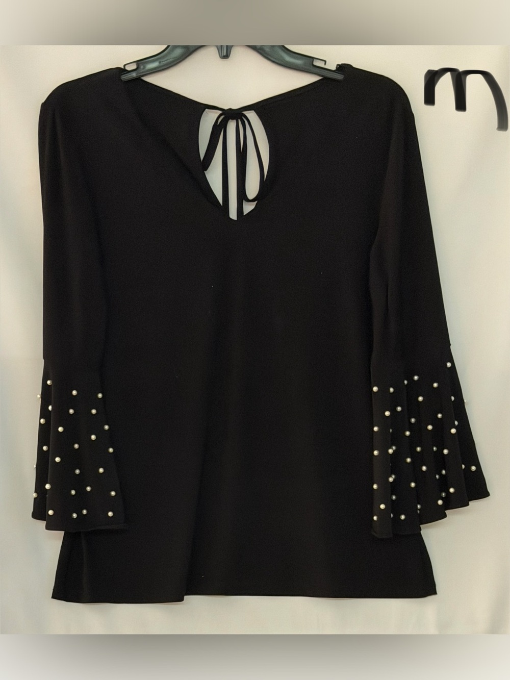 Black Pearl-Detail Bell Sleeve Tunic Top